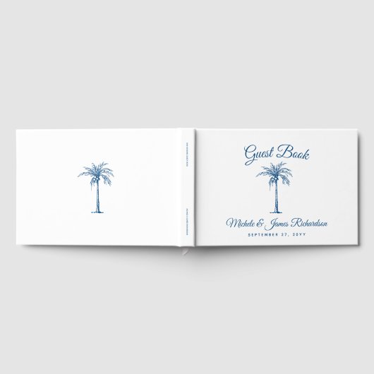 Elegant Blauw Palm Tropisch Strand Bruiloft Gastenboek (Volledig)