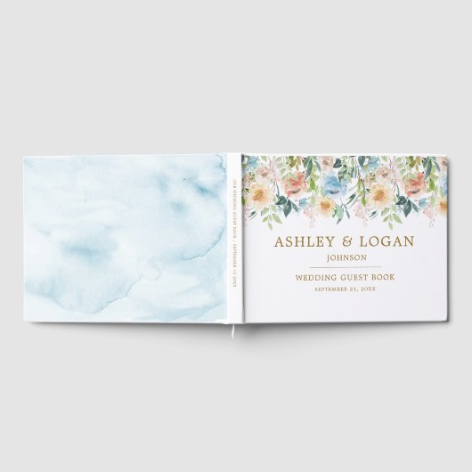 Elegant Blauw Pastel Waterverf Bloemen Bruiloft Gastenboek (Volledig)