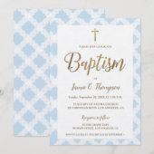 Elegant Blauw Patroon Gouden Kruis Doop Kaart (Voorkant / Achterkant)