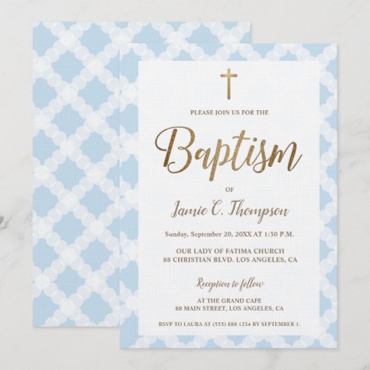 Elegant Blauw Patroon Gouden Kruis Doop Kaart (Voorkant / Achterkant)