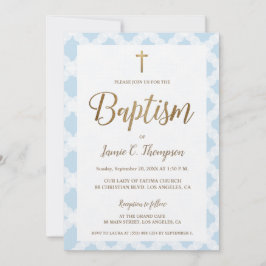 Elegant Blauw Patroon Gouden Kruis Doop Kaart
