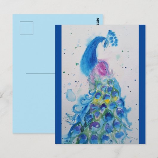 Elegant blauw pauw aquarel schilderij briefkaart (Voorkant / Achterkant)