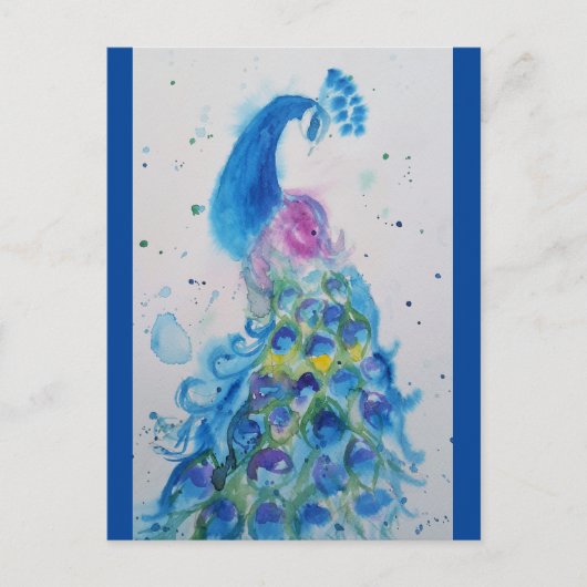 Elegant blauw pauw aquarel schilderij briefkaart (Voorkant)