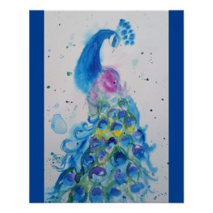 Elegant blauw pauw aquarel schilderij perfect poster