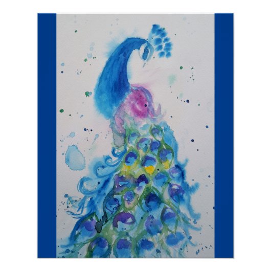 Elegant blauw pauw aquarel schilderij perfect poster (Voorkant)