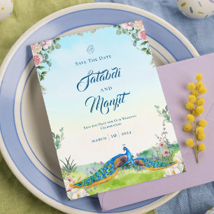Elegant Blauw Pauw Bloem Bruiloft Thema Save The Date