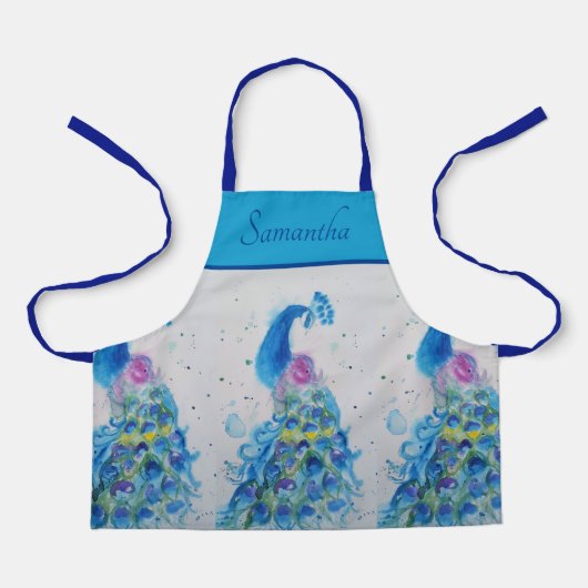 Elegant Blauw Peacock Waterverf Kunst Meisjes Scho Schort (Voorkant)