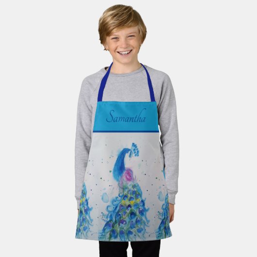 Elegant Blauw Peacock Waterverf Kunst Meisjes Scho Schort (Gedragen)