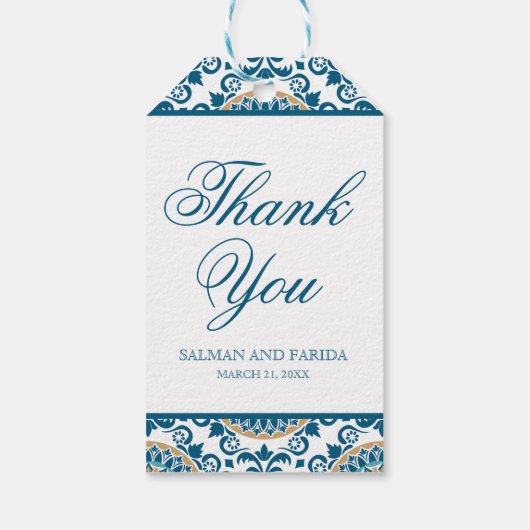 Elegant Blauw Perzisch Mozaïek Bruiloft Dank u Cadeaulabel (Achterkant)