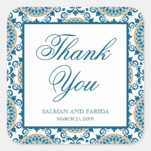 Elegant Blauw Perzisch Mozaïek Bruiloft Dank u Vierkante Sticker