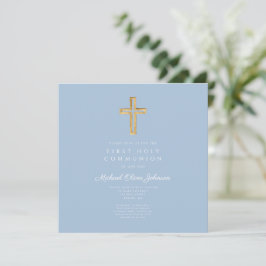 Elegant Blauw Religieus Kruis Jongen Eerste Commun Kaart