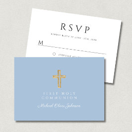 Elegant Blauw Religieus Kruis Jongen Eerste Commun RSVP Kaartje