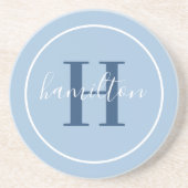 Elegant Blauw Rond Monogram Script Naam Zandsteen Onderzetter (Voorkant)