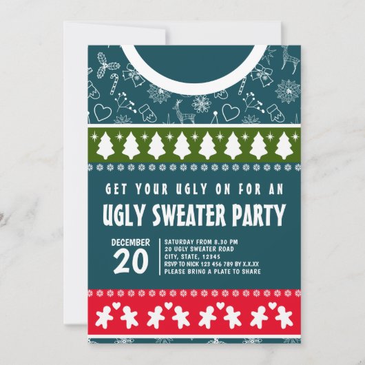 Elegant Blauw Rood en Groen Lelijk Trui Kerstfeest Kaart (Voorkant)