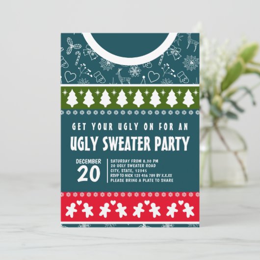 Elegant Blauw Rood en Groen Lelijk Trui Kerstfeest Kaart (Staand voorkant)