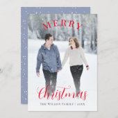 Elegant Blauw Rood Foto Vrolijk Kerstfeest Feestdagenkaart (Voorkant / Achterkant)