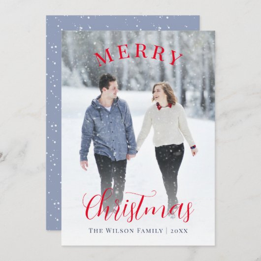 Elegant Blauw Rood Foto Vrolijk Kerstfeest Feestdagenkaart (Voorkant / Achterkant)