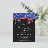 Elegant Blauw Rood Zwart Glitter Drip 50ste Verjaa Briefkaart (Staand voorkant)
