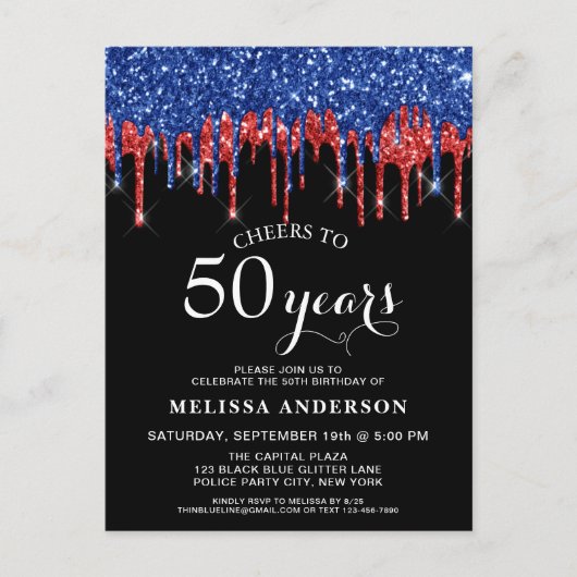 Elegant Blauw Rood Zwart Glitter Drip 50ste Verjaa Briefkaart (Voorkant)