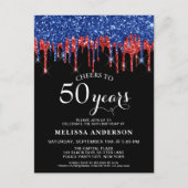 Elegant Blauw Rood Zwart Glitter Drip 50ste Verjaa Uitnodiging Briefkaart (Voorkant)