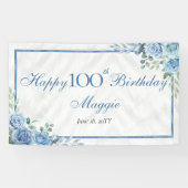 Elegant Blauw Roos Bloemen 100ste Verjaardagsfeest Spandoek (Horizontaal)