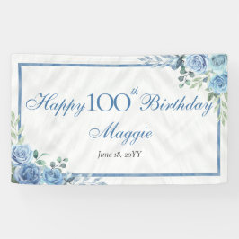Elegant Blauw Roos Bloemen 100ste Verjaardagsfeest Spandoek
