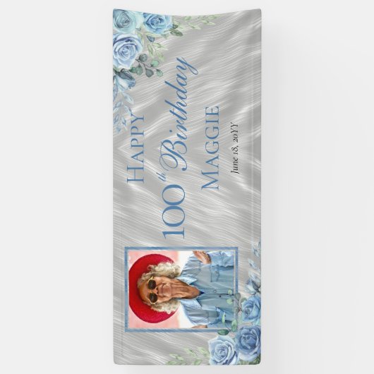 Elegant Blauw Roos Bloemen 100ste Verjaardagsfeest Spandoek (Verticaal)