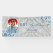 Elegant Blauw Roos Bloemen 100ste Verjaardagsfeest Spandoek (Horizontaal)
