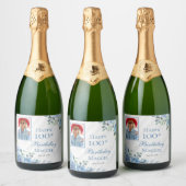 Elegant Blauw Roos Bloemen 100ste Verjaardagsfeest Sparkling Wijnetiket (Flessen)