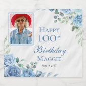 Elegant Blauw Roos Bloemen 100ste Verjaardagsfeest Sparkling Wijnetiket (Enkel label)