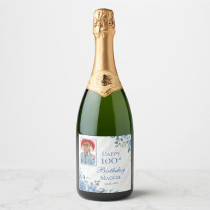 Elegant Blauw Roos Bloemen 100ste Verjaardagsfeest Sparkling Wijnetiket