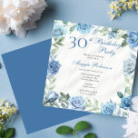 Elegant Blauw Roos Bloemen Lijst 30ste Verjaardags Kaart<br><div class="desc">Elegant blauw en wit met schemerige salie groen groen groen bloemenfeest lijst verjaardagsfeest viering ontwerp.</div>