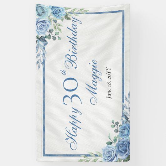 Elegant Blauw Roos Bloemen Lijst 30ste Verjaardags Spandoek (Verticaal)