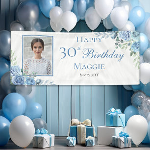 Elegant Blauw Roos Bloemen Lijst 30ste Verjaardags Spandoek