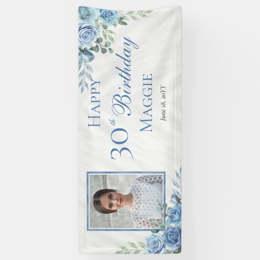 Elegant Blauw Roos Bloemen Lijst 30ste Verjaardags Spandoek (Verticaal)