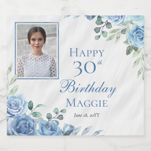 Elegant Blauw Roos Bloemen Lijst 30ste Verjaardags Sparkling Wijnetiket (Enkel label)