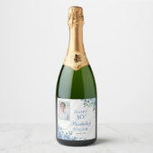 Elegant Blauw Roos Bloemen Lijst 30ste Verjaardags Sparkling Wijnetiket (Voorkant)