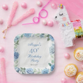 Elegant Blauw Roos Bloemen Lijst 40ste Verjaardags Papieren Bordje (Feest)