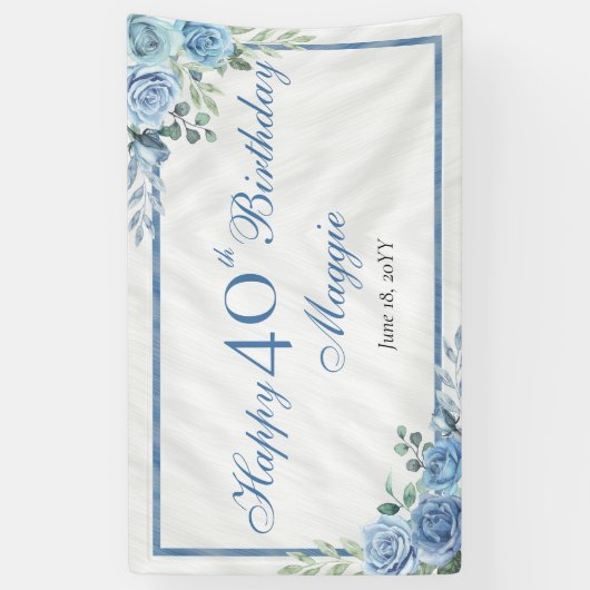Elegant Blauw Roos Bloemen Lijst 40ste Verjaardags Spandoek (Verticaal)