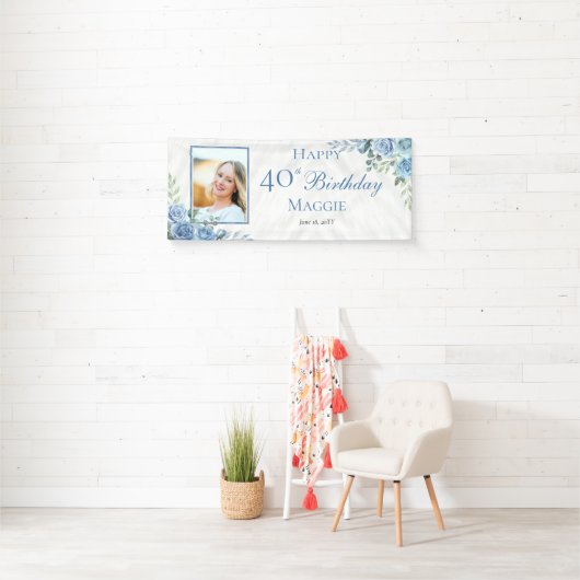 Elegant Blauw Roos Bloemen Lijst 40ste Verjaardags Spandoek (Insitu)