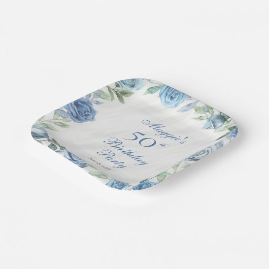 Elegant Blauw Roos Bloemen Lijst 50ste Verjaardags Papieren Bordje (Gebogen)
