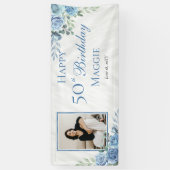 Elegant Blauw Roos Bloemen Lijst 50ste Verjaardags Spandoek (Verticaal)