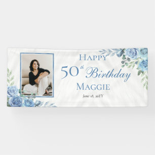 Elegant Blauw Roos Bloemen Lijst 50ste Verjaardags Spandoek