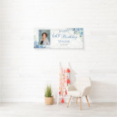 Elegant Blauw Roos Bloemen Lijst 60ste Verjaardags Spandoek (Insitu)