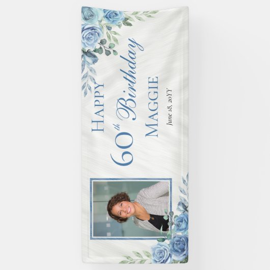 Elegant Blauw Roos Bloemen Lijst 60ste Verjaardags Spandoek (Verticaal)