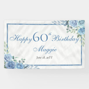 Elegant Blauw Roos Bloemen Lijst 60ste Verjaardags Spandoek