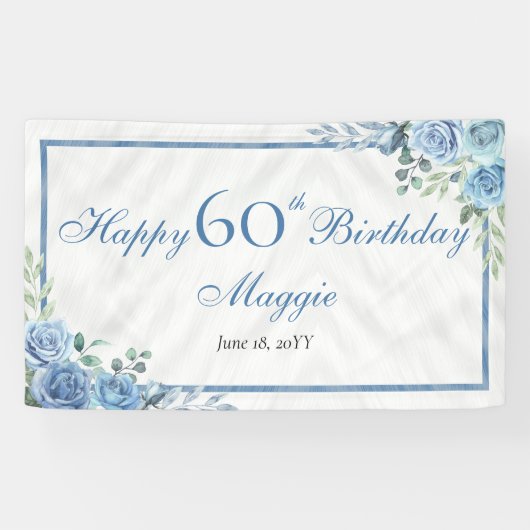 Elegant Blauw Roos Bloemen Lijst 60ste Verjaardags Spandoek (Horizontaal)