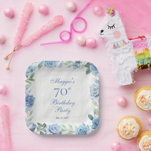Elegant Blauw Roos Bloemen Lijst 70ste Verjaardags Papieren Bordje (Feest)