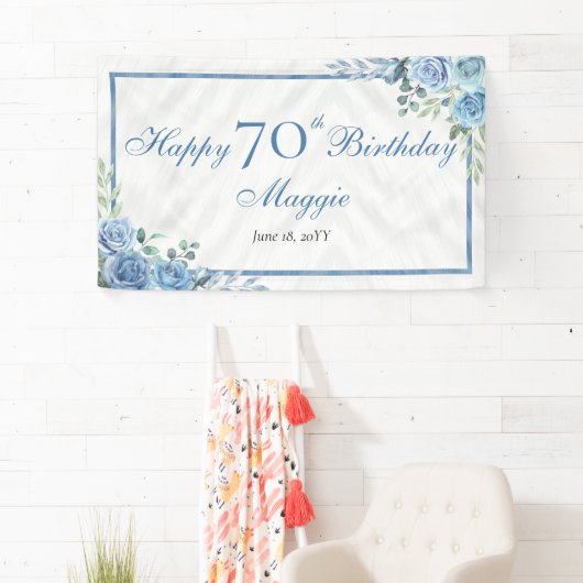 Elegant Blauw Roos Bloemen Lijst 70ste Verjaardags Spandoek (Insitu)