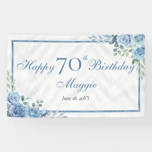 Elegant Blauw Roos Bloemen Lijst 70ste Verjaardags Spandoek (Horizontaal)